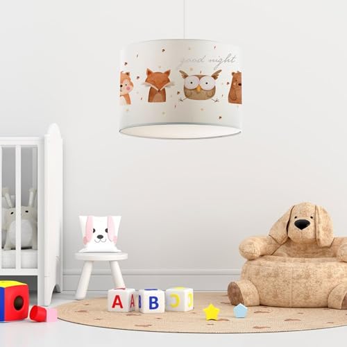 lux.pro Kinder Hängeleuchte Rugby Kinderlampe Pendelleuchte aus Kunststoff und Stoff Deckenlampe für Kinderzimmer Babyzimmer 1 x E27 ohne Leuchtmittel Weiß mit Waldtier-Motiv von lux.pro