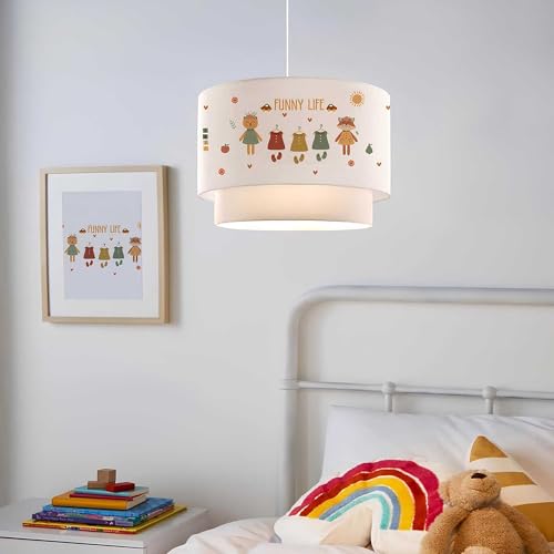 lux.pro Kinderzimmer Lampe Lurgan Deckenleuchte E27 LED-geeignet Hängelampe mit Stoffschirm doppelt Tierfiguren mit Kleidern-Motiv 70 cm hoch Weiß von lux.pro