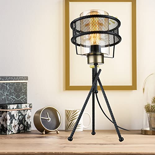 lux.pro Tischleuchte Burton Tripod Tischlampe E27 1-flammig Wohnzimmerlampe Leselampe mit Gitterschrim aus Metall und Glas Schwarz von lux.pro