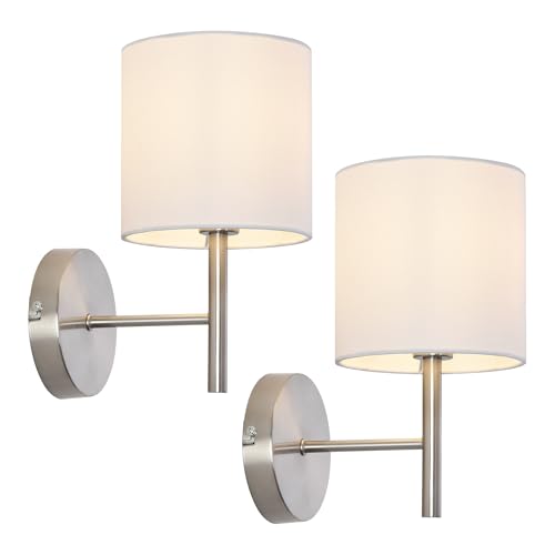 lux.pro Wandleuchte 2er Set Winsford Leselampe Wandlampe E14 Silberfarben/Weiß Schlafzimmerlampe mit Stoffschirm Metall von lux.pro