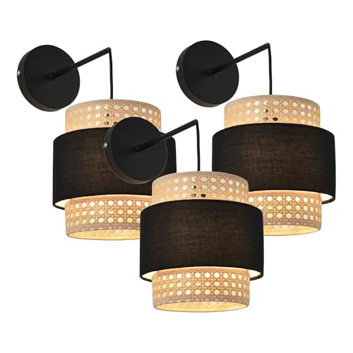 lux.pro Wandleuchte 3er Set Southampton 1-flammig Wandlampe in Rattanoptik 36 x 30 x 18 cm Wandstrahler für Flur Schlafzimmer aus Metall E14 Beige/Schwarz von lux.pro