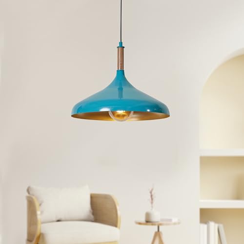 Luzarana Ufo Hängelampe Esstisch Skandinavisch aus Holz und Metall 35 cm, Pendelleuchte Esstisch, Hängelampe Wohnzimmer, Küchenlampe Hängend E27, Pendelleuchte Schlafzimmer, Wohnzimmer (Blau) von Luzarana