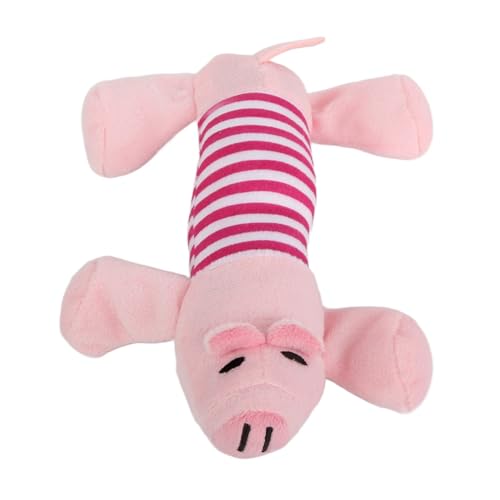 Drei verschiedene Haustierpuppen in Tierform, darunter eine Kaupuppe in Form eines Welpen, ein gelbes quietschendes, faltiges Plüschtier mit Hund als Haustier, ein quietschendes (Rosenschwein) von lvifloae
