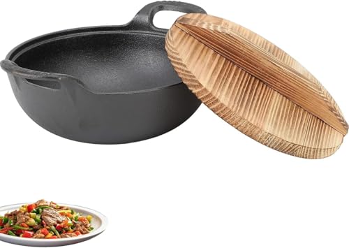 lvifloae Wokpfanne GusseisenWok mit 2 Griffen, Holzdeckel, holidyoyo gusseisen Bratpfanne mit flachem Boden, WokPfanne mit Deckel unbeschichtet, zum Rhren Frittieren Grillen (20cm) von lvifloae