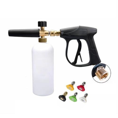lvifloae Hochdruckreiniger Autowaschschaum Sprühflasche 1 Liter Schaumflasche + G3 Schnellanschluss Kurzpistole + 5 Farbdüsenpistole Schwanz (Außengewinde M22, Innendurchmesser 14 mm) von lvifloae