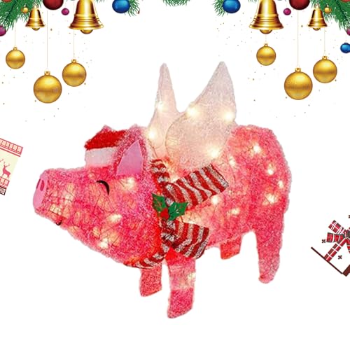 lyanny Weihnachtsfliegendes Schwein,Weihnachtsschwein-Dekoration für den Außenbereich - Rosa Schweine-Gartenstatue - Beleuchtetes fliegendes 3D-Schwein mit Weihnachtsmütze und Schal, Heimdekoration, von lyanny
