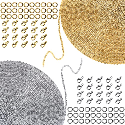 lyfLux 2 Stück 33 Fuß 2 mm breite DIY-Gliederketten mit 40 Karabinerhaken und 60 Sprengringen zur Schmuckherstellung (Gold und Silber) von lyfLux