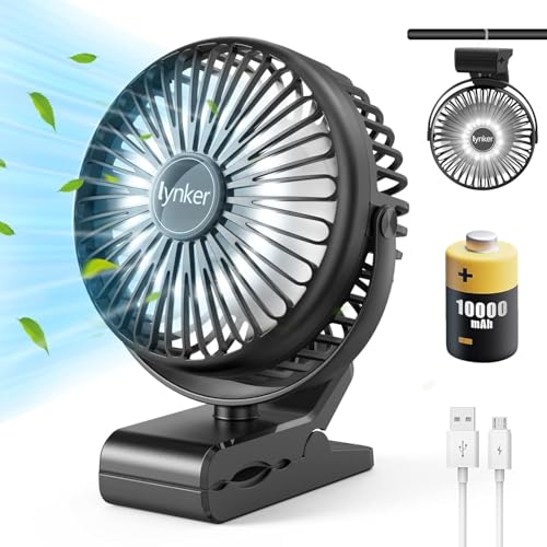 lynker Mini USB Clip Ventilator 10000 mAh, 12-40h, 3-IN-1 Clip Fan Tischventilator Hängender Ventilator mit LED-Licht, Leise Camping Ventilator, 360° Drehung, 3 Geschwindigkeiten für Büro, Ausflüge von lynker