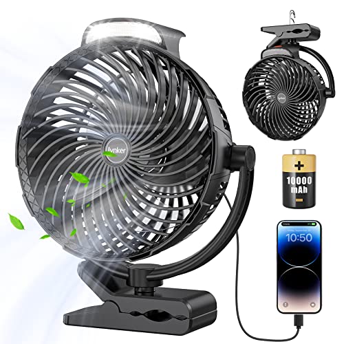 lynker Mini USB Clip Ventilator 10000 mAh, 3 in 1 Clip Fan Tischventilator mit LED Licht, 360°Drehung, Stufenloser Geschwindigkeiten Handventilator für Büro, Ausflüge, Auto, Camping, Ø20cm von lynker