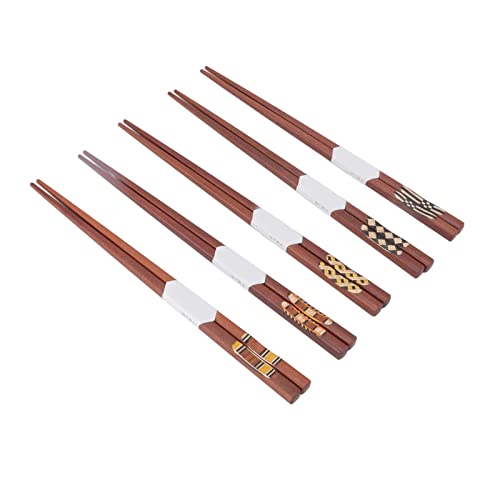 lyrlody Hölzerne Küstenstäbchen Bambus-Essstäbchen Wiederverwendbare Stäbchen 5 Paare Rotes Sandelholz Groove Muster Safer BPA-freies PVC-frei Einfach zu Halten Leichte Robuste für Anfänger Küche Ess von lyrlody