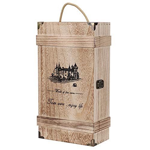lyrlody Retro Vintage Weinkiste aus Holz, Tragbar, Elegante Geschenk-Aufbewahrungsbox für 2 Flaschen Rotwein mit Seil, Dekoration für Weinkeller, Büro, Wohnzimmer von lyrlody