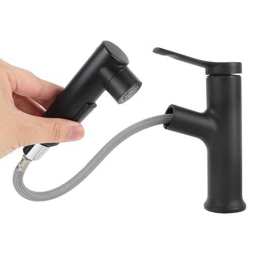 lyrlody Wasserhahn Bad ausziehbar mit Brause, Eeinhebelmischer Waschbecken Armatur mit 3 Wasserauslassmodi Warm Kalt Mischbatterie, Waschtischmischer Bad Waschbecken und Küche (BLACK) von lyrlody