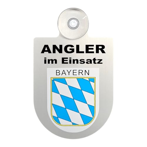 Alu-Dienstschild Angler im Einsatz, Regionen-Wappen, 10 x 16 cm, mit Saugnapf für Auto, Boot, Digitaldruckaufkleber, Bundesland (Bayern) von m-creativeworld production