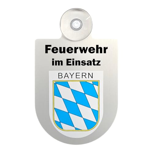 Alu-Dienstschild Feuerwehr im Einsatz, Schild mit Saugnapf für Frontscheibe, Auto, Fahrzeug für Einsatz, 10x16 cm (Bayern) von m-creativeworld production
