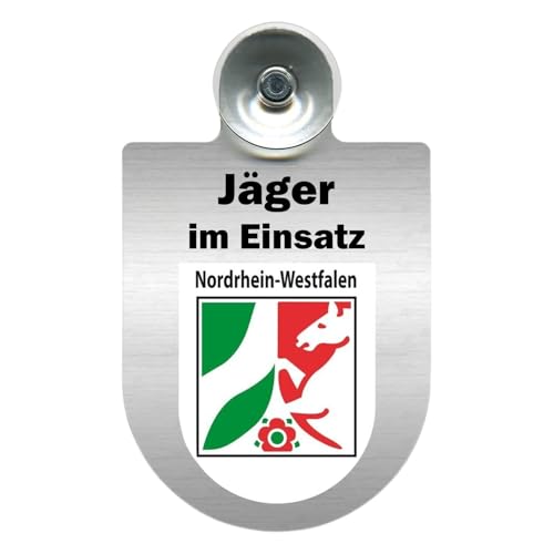 Alu-Dienstschild Jäger im Einsatz 10x16 cm, für Auto Fahrzeug Windschutzscheibe mit Saugnapf für Frontscheibe (Nordrhein-Westfalen) von m-creativeworld production