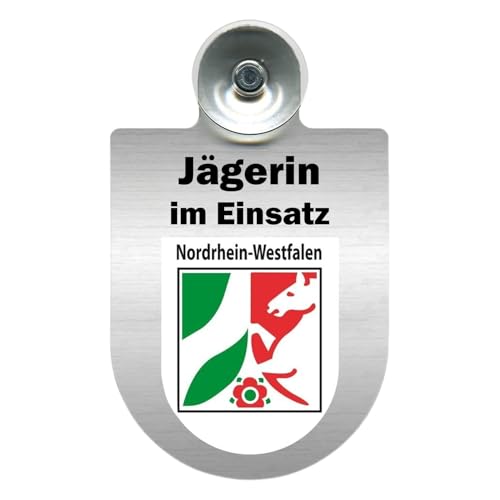 Alu-Dienstschild Jägerin im Einsatz, Wappen, 10x16 cm, für Auto, Fahrzeug mit Saugnapf für Windschutzscheibe (Nordrhein-Westfalen) von m-creativeworld production