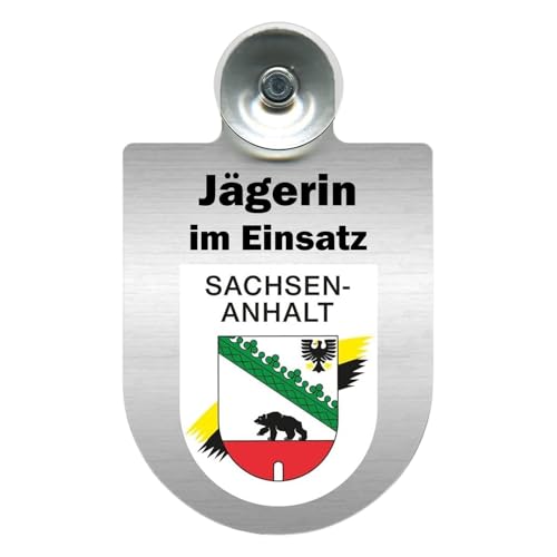 Alu-Dienstschild Jägerin im Einsatz, Wappen, 10x16 cm, für Auto, Fahrzeug mit Saugnapf für Windschutzscheibe (Sachsen-Anhalt) von m-creativeworld production