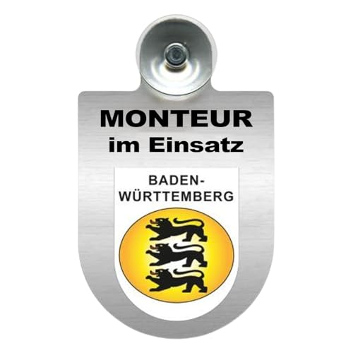 Alu-Dienstschild mit Saugnapf – Schild fürs Auto – Monteur im Einsatz - individuell mit Wappen - Bundesland – Aluminium – Beruf - Autoschild (Baden-Württemberg) von m-creativeworld production