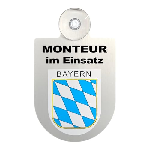 Alu-Dienstschild mit Saugnapf – Schild fürs Auto – Monteur im Einsatz - individuell mit Wappen - Bundesland – Aluminium – Beruf - Autoschild (Bayern) von m-creativeworld production