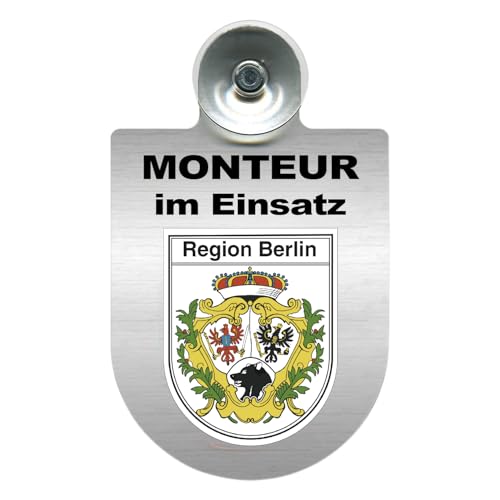 Alu-Dienstschild mit Saugnapf – Schild fürs Auto – Monteur im Einsatz - individuell mit Wappen - Bundesland – Aluminium – Beruf - Autoschild (Berlin) von m-creativeworld production