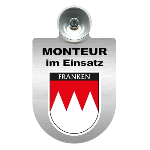 Alu-Dienstschild mit Saugnapf – Schild fürs Auto – Monteur im Einsatz - individuell mit Wappen - Bundesland – Aluminium – Beruf - Autoschild (Franken) von m-creativeworld production