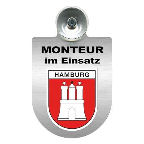 Alu-Dienstschild mit Saugnapf – Schild fürs Auto – Monteur im Einsatz - individuell mit Wappen - Bundesland – Aluminium – Beruf - Autoschild (Hamburg) von m-creativeworld production