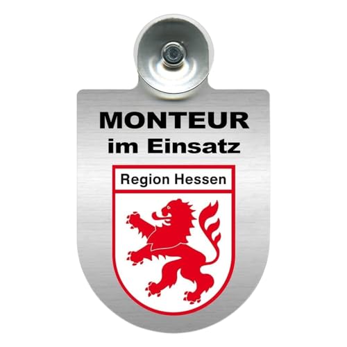 Alu-Dienstschild mit Saugnapf – Schild fürs Auto – Monteur im Einsatz - individuell mit Wappen - Bundesland – Aluminium – Beruf - Autoschild (Hessen) von m-creativeworld production