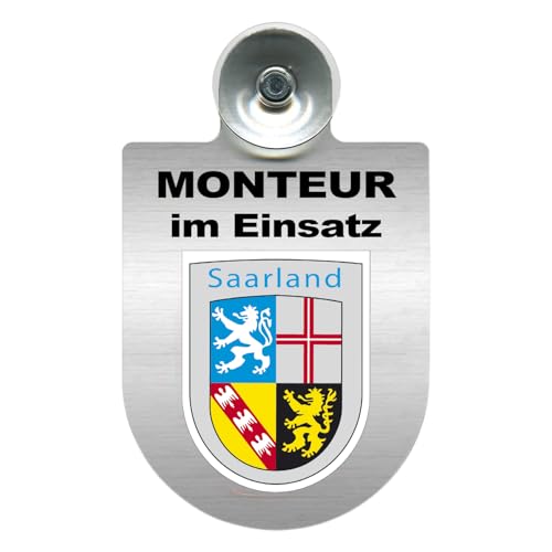 Alu-Dienstschild mit Saugnapf – Schild fürs Auto – Monteur im Einsatz - individuell mit Wappen - Bundesland – Aluminium – Beruf - Autoschild (Saarland) von m-creativeworld production