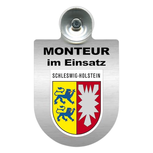 Alu-Dienstschild mit Saugnapf – Schild fürs Auto – Monteur im Einsatz - individuell mit Wappen - Bundesland – Aluminium – Beruf - Autoschild (Schleswig-Holstein) von m-creativeworld production