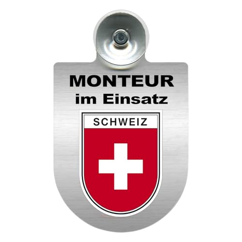 Alu-Dienstschild mit Saugnapf – Schild fürs Auto – Monteur im Einsatz - individuell mit Wappen - Bundesland – Aluminium – Beruf - Autoschild (Schweiz) von m-creativeworld production
