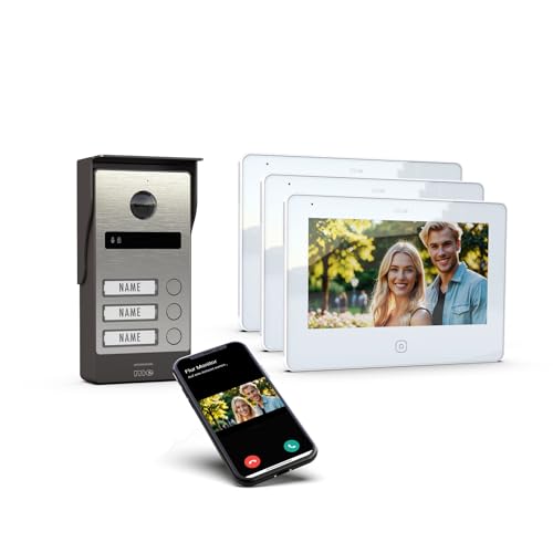 m-e ALLVISO Videotürklingel mit 2 Draht IP BUS-Technik I Aufputz-Außenstation mit 160° Weitwinkel-Kamera I 7 Zoll Monitor Innenstation mit WLAN I kostenlose Handy App, Türsprechanlage 3 Familienhaus von m-e