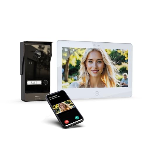 m-e ALLVISO Videotürklingel mit 2 Draht IP BUS-Technik I Aufputz-Außenstation mit 160° Kamera I 10" Monitor Innenstation mit WLAN I Handy App, Türsprechanlage 1 Familienhaus (Schwarz, glänzend) von m-e
