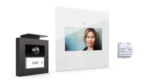 m-e Video-Türsprechanlage RFID anthrazit/weiß | Aluminium Außenstation für 1-Familienhaus | 7“ Design-Innenstation flach | Türklingel mit Kamera | Freisprechanlage Video Einfamilienhaus 4-Draht von m-e