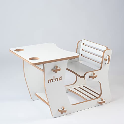 m!nd Kinderschreibtisch mit integrierter Sitzbank, Kindertisch aus weißem MDF-Holz, 2 Einsätze für Stiftebecher, Spieltisch mit abgerundeten Ecken - 44×67×46,8 cm von m!nd