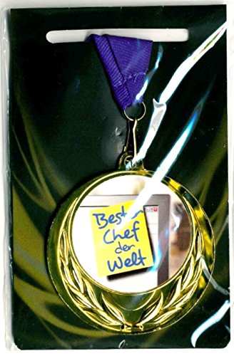 m-shop Edle Medaille/Auszeichnung mit Farbigem Schild Bester Chef der Welt und Umhängeband von m-shop