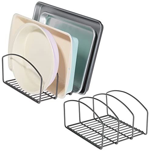 mDesign 2er-Set Geschirrablage für Kochtöpfe, Deckel und Pfannen – kompakter Topfdeckelhalter mit 3 Fächern für den Küchenschrank – platzsparender Ständer für Kochgeschirr aus Metall – dunkelgrau von mDesign