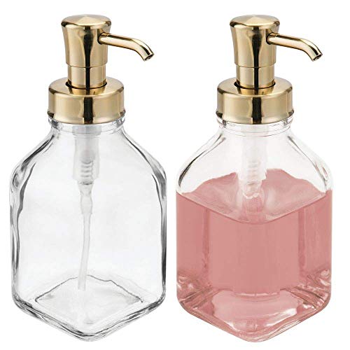 mDesign 2er-Set Seifenspender wiederbefüllbar – eckiger Pumpseifenspender aus Glas und Kunststoff – optimal für Küche oder als Badzubehör mit ca. 562 ml Füllmenge – durchsichtig/messingfarben von mDesign