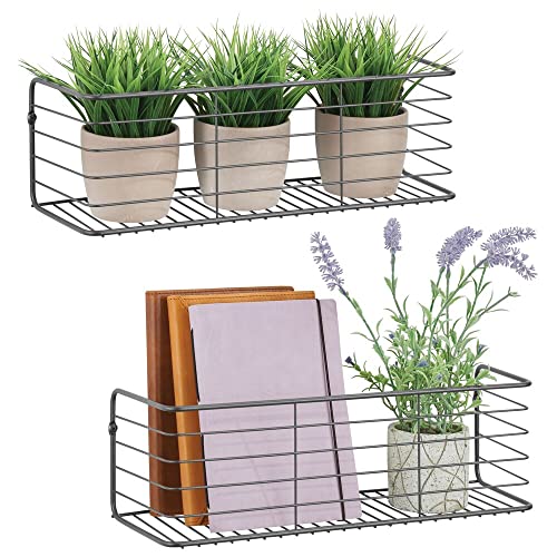 mDesign 2er-Set Wandregal für Bad, Küche, Flur oder Waschküche – breite Ablage zur Wandmontage aus Metalldraht – kompaktes Metallregal – dunkelgrau von mDesign