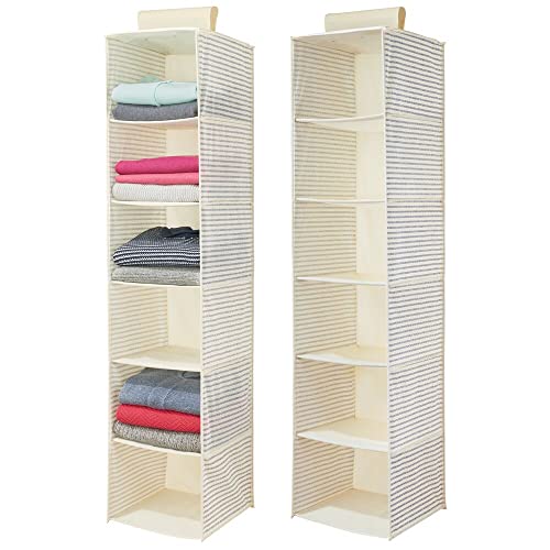 mDesign 2er-Set hängender Textilschrank aus Kunstfaser – praktisches Hängeregal mit je 6 Fächern – zusammenfaltbarer Hängeschrank aus Stoff für das Schlafzimmer – naturfarben/kobaltblau von mDesign