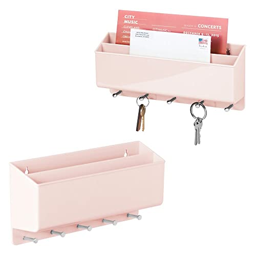 mDesign 2er-Set praktische Briefablage für Flur und Küche – kompaktes Schlüsselboard mit 2 Fächern für Post und 5 Haken – wandmontiertes Schlüsselbrett aus Kunststoff – hellrosa von mDesign