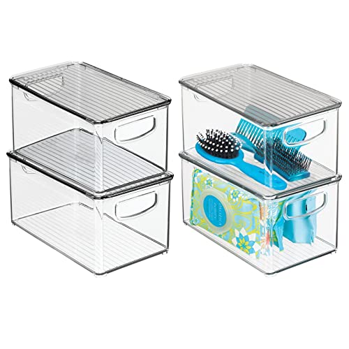 mDesign 4er-Set Ablagebox mit integrierten Griffen – transparente Aufbewahrungsbox mit Deckel – ideal zur Kosmetikaufbewahrung im Bad – durchsichtig/grau von mDesign
