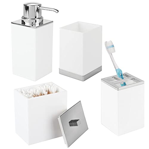 mDesign 4er-Set Badzubehör – Zahnbürstenhalterung, Seifenspender, Behälter mit Deckel und Becher – aus robustem, BPA-freiem Kunststoff – weiß/silberfarben von mDesign