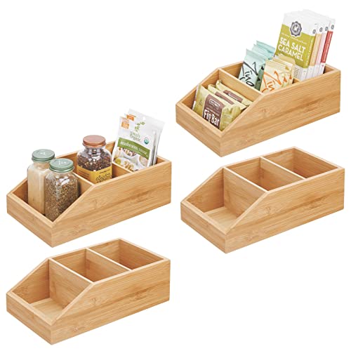 mDesign 4er-Set Holzbox für Gewürze, Snacks, Lebensmittelpackungen – Aufbewahrungsbox mit 3 Fächern aus Bambusholz – offene Ablage für die Küche – naturfarben von mDesign