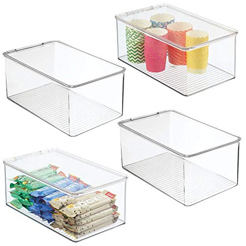 mDesign 4er-Set Küchen Organizer – stapelbare Vorratsdosen für Küchenregal und Vorratskammer – Kühlschrankbox aus BPA-freiem Kunststoff mit Klappdeckel – durchsichtig von mDesign