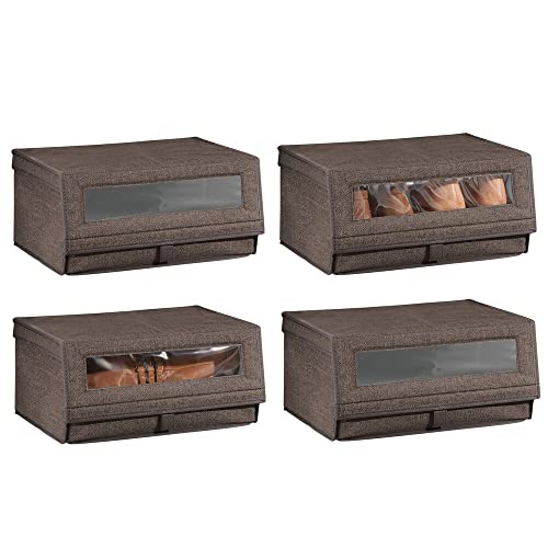 mDesign 4er-Set Schuhaufbewahrung aus Stoff – stapelbare Schuhbox mit Sichtfenster, Klettverschluss und Klappdeckel – Aufbewahrungsbox für den Schrank oder das Regal – dunkelbraun von mDesign
