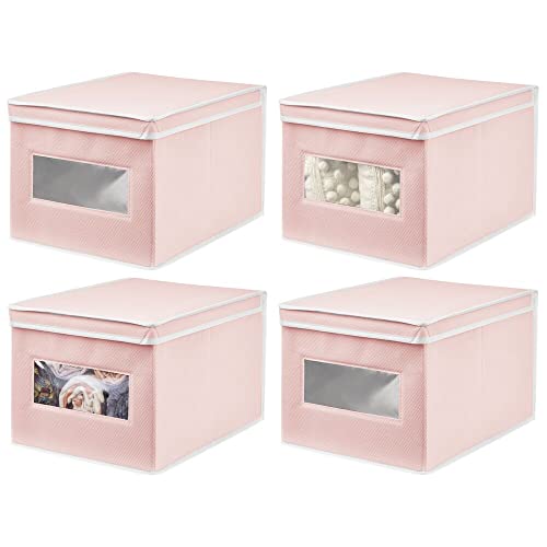 mDesign 4er-Set Stoffbox – praktische Aufbewahrungsbox mit Deckel für Schlaf-, Wohn- oder Badezimmer – stapelbare Schrankbox aus atmungsaktiver Kunstfaser – rosa/weiß von mDesign