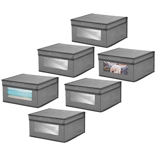 mDesign 6er-Set Aufbewahrungsbox aus Stoff – stapelbare Stoffbox zur Ablage von Kleidung oder Schuhen und als Schrankbox – Aufbewahrungskiste mit Deckel und Sichtfenster – dunkelgrau/schwarz von mDesign