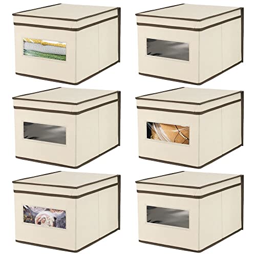 mDesign 6er-Set Stoffbox – praktische Aufbewahrungsbox mit Deckel und Sichtfenster für Schlaf-, Wohn- oder Badezimmer – stapelbare Schrankbox aus atmungsaktiver Kunstfaser – cremefarben/braun von mDesign