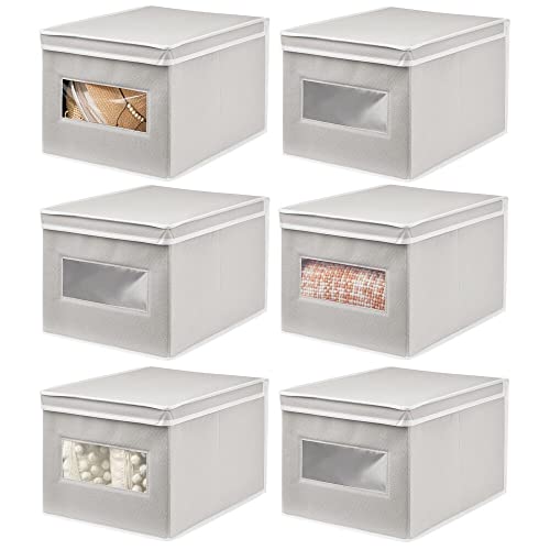 mDesign 6er-Set große Stoffbox – praktische Aufbewahrungsbox mit Klappdeckel für Schlaf-, Wohn- oder Badezimmer – stapelbare Schrankbox aus atmungsaktiver Kunstfaser – hellgrau und weiß von mDesign