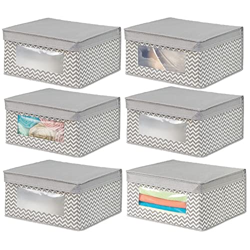 mDesign 6er-Set stapelbare Stoffbox mit Deckel für Kleidung usw. – mittelgroße Aufbewahrungskiste mit Sichtfenster – Schrank Organizer im Zickzack-Muster für Schlafzimmer oder Flur – taupe und natur von mDesign